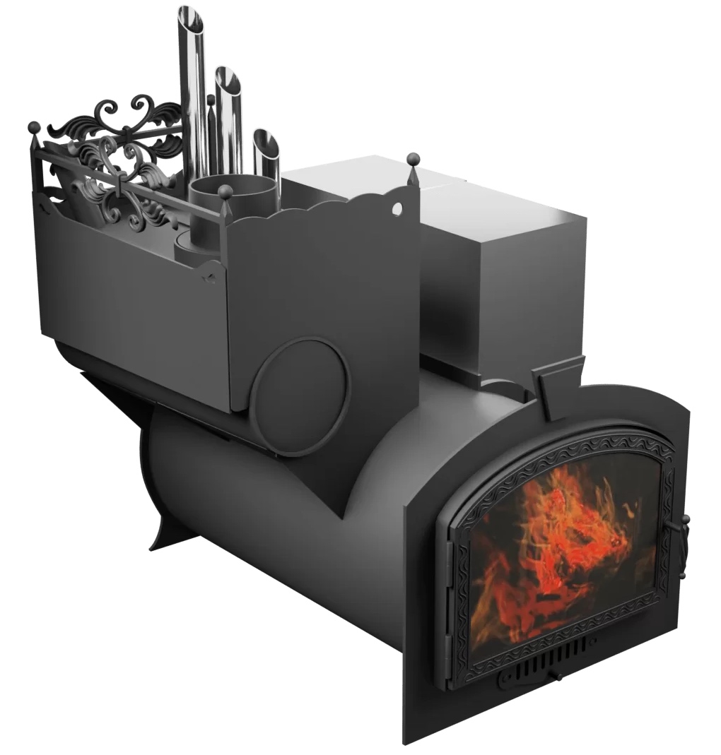 Печь Горыныч 3, каменка закрытая с парогенератором с левой стороны, большая дверь со стеклом фото в Волгограде